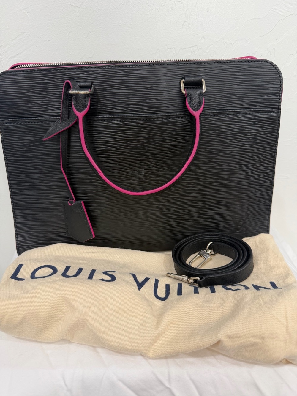 Louis Vuitton Black Epi Leather Tote with Pink Piping